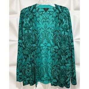 Talbots Sz M Green PURE 100% Merino Wool Floral Fleur de Lis Sweater Cardigan
